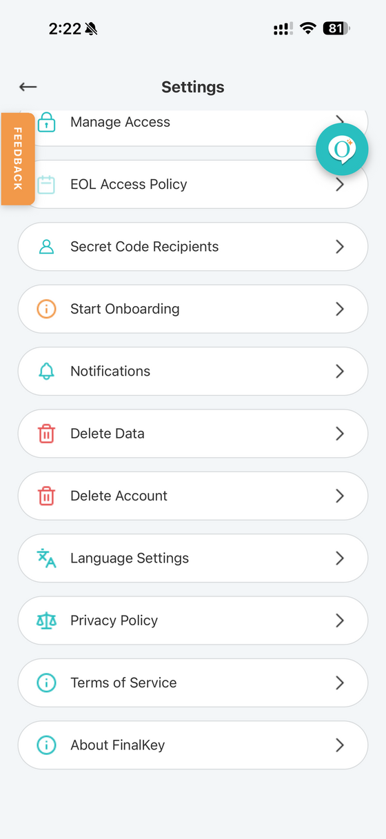 FinalKey settings screen showing the Delete Data and Delete Account options