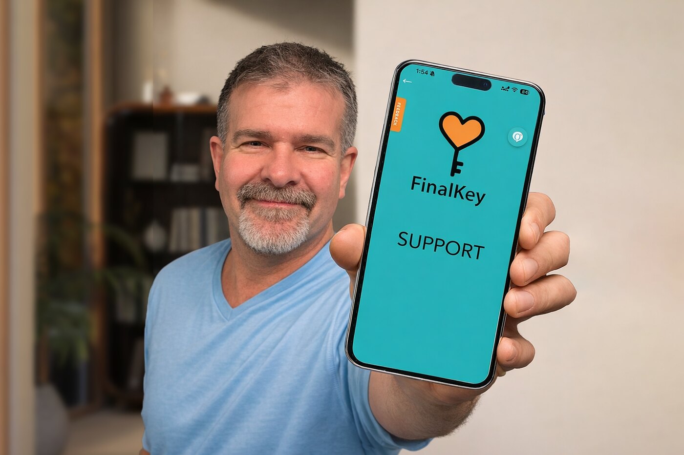 A smiling man holding up his phone showing the FinalKey support screen